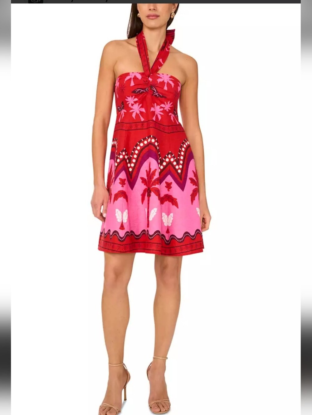 1.STATE Red & Pink Palm printed A-Line halter dress size L new with tags